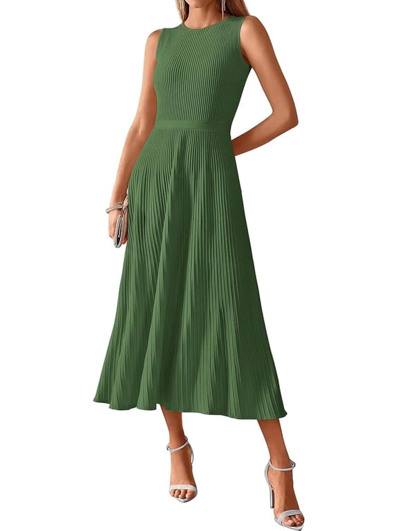 Women Tank Midi Dress Summer Crewneck Sleeveless Pleated A Line Business Casual Formal Sweater Spring Dresses