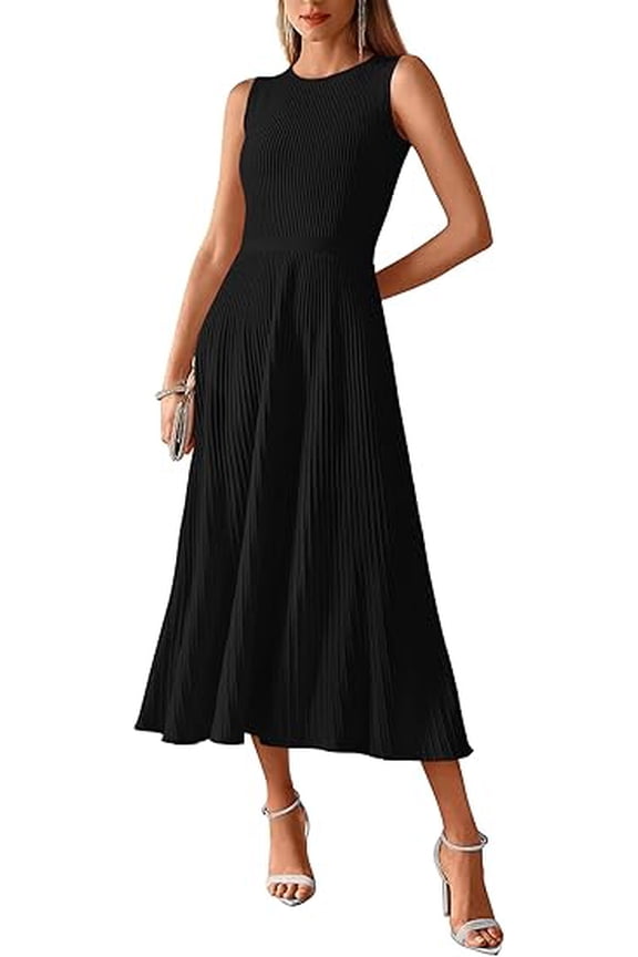 Women Tank Midi Dress Summer Crewneck Sleeveless Pleated A Line Business Casual Formal Sweater Spring Dresses