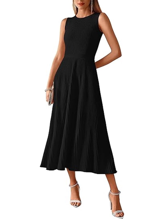 Women Tank Midi Dress Summer Crewneck Sleeveless Pleated A Line Business Casual Formal Sweater Spring Dresses