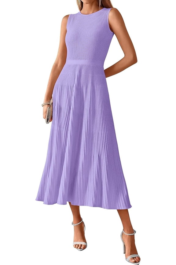 Women Tank Midi Dress Summer Crewneck Sleeveless Pleated A Line Business Casual Formal Sweater Spring Dresses