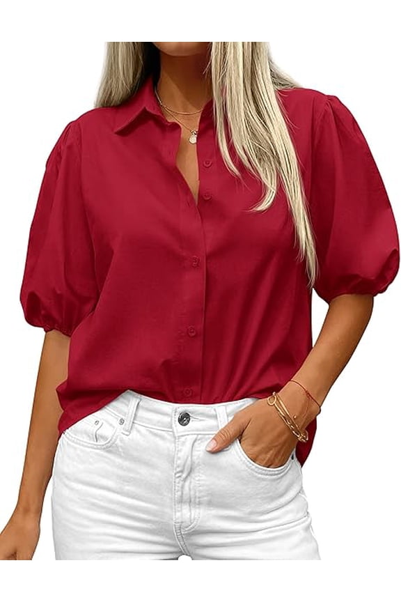 Women's Button Down Shirts Short Puff Sleeve Collared V Nec Summer Tops Dressy Casual Work Business Blouses