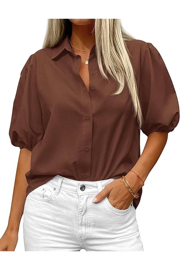 Women's Button Down Shirts Short Puff Sleeve Collared V Nec Summer Tops Dressy Casual Work Business Blouses