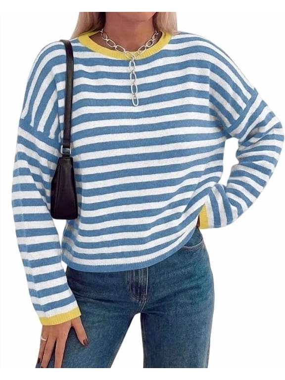 Women's Lightweight Oversized Striped Sweater | Soft Knit Cozy Sweaters, Crew Neck Long Sleeve Pullover, y2k Color Block, Casual Holiday Outfits, Winter Fall Clothes