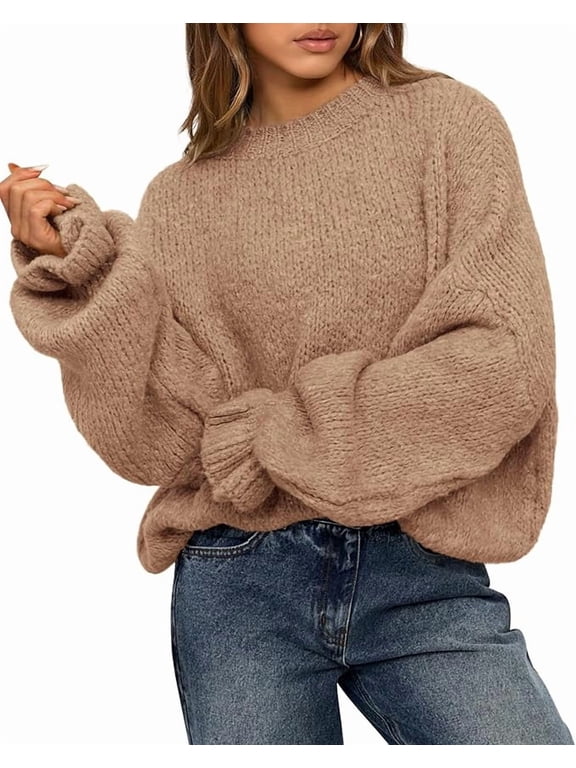 Women's Oversized Sweater Crewneck Fall Winter Long Sleeve Fuzzy Warn Knit Pullover Sweaters Trendy Outfits