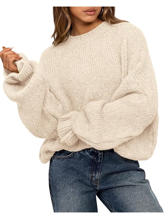 Women's Oversized Sweater Crewneck Fall Winter Long Sleeve Fuzzy Warn Knit Pullover Sweaters Trendy Outfits