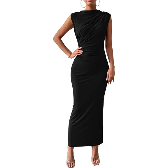 BTFBM Women's Ruched Bodycon Dress Summer Casual Sleeveless Lightweight Back Slit Elegant Club Party Cocktail Maxi Dresses