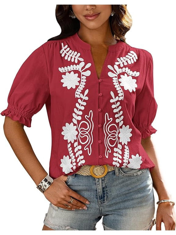 Women's Spring Tops Casual Floral Boho V Neck Puff Short Sleeve Button Down Shirts Embroidered Blouses Tunic