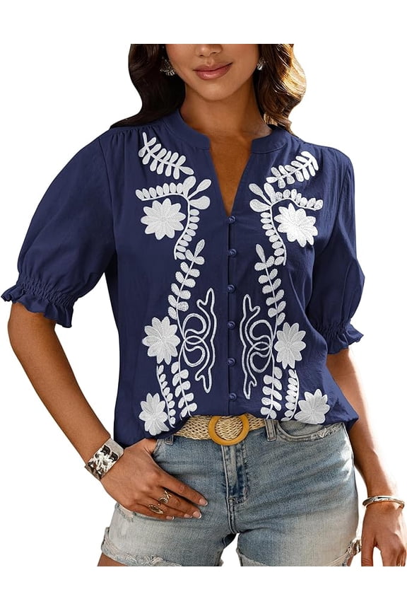 Women's Spring Tops Casual Floral Boho V Neck Puff Short Sleeve Button Down Shirts Embroidered Blouses Tunic