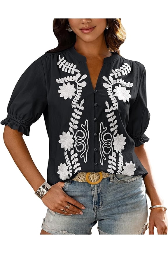 Women's Spring Tops Casual Floral Boho V Neck Puff Short Sleeve Button Down Shirts Embroidered Blouses Tunic