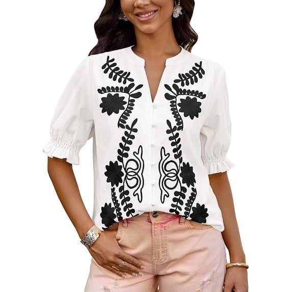BTFBM Women's Spring Tops Casual Floral Boho V Neck Puff Short Sleeve ...