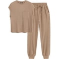 thumbnail image 1 of BTFBM Women's Two Piece Tracksuit Outfits Summer Short Sleeve Tops Long Pants Jogger Lounge Matching Sets Sweatsuit, 1 of 7