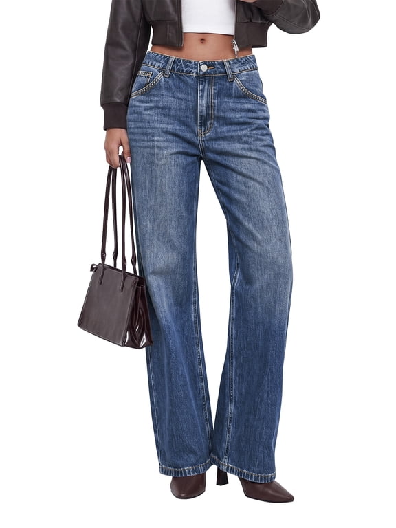 Women Casual Straight Leg Jeans Trendy High Waisted, Pockets, Long Denim Pants, Slacks, Bottoms, Vacation Outfits, Travel Airport, Fashion Clothes, Fall Winter