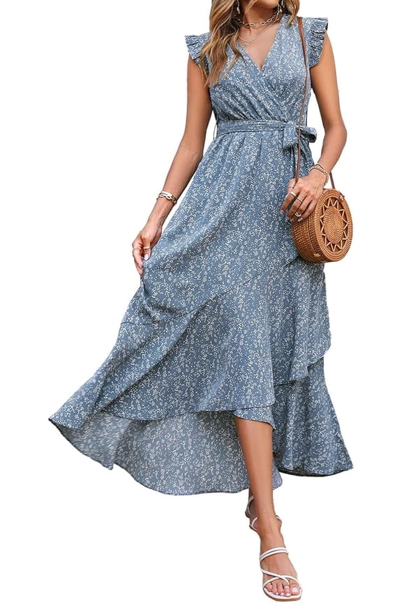 Womens Boho Maxi Dress Summer Floral Vacation Ruffle Sleeve V Neck Wrap Spring Beach Wedding Guest Dresses