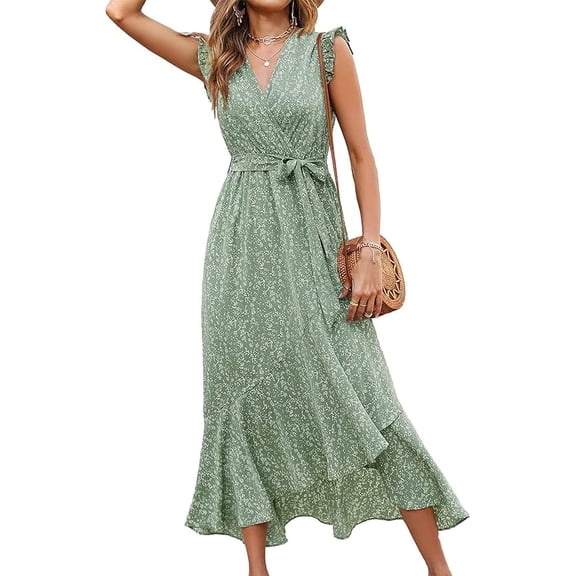 BTFBM Womens Boho Maxi Dress Summer Floral Vacation Ruffle Sleeve V Neck Wrap Spring Beach Wedding Guest Dresses