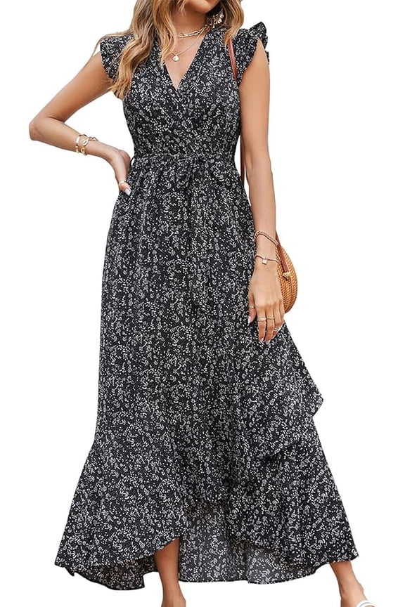 Womens Boho Maxi Dress Summer Floral Vacation Ruffle Sleeve V Neck Wrap Spring Beach Wedding Guest Dresses