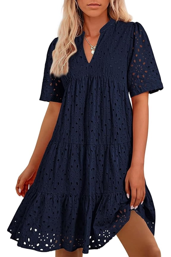 Womens Boho Summer Dresses Spring V Neck Short Sleeve Hollow Out Lace Ruffle Casual Beach Mini Vacation Dress
