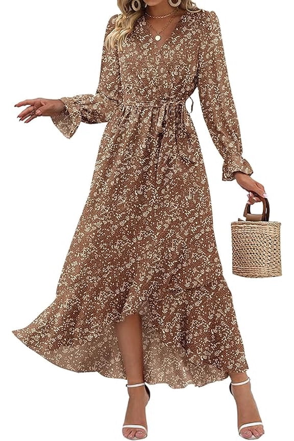 Womens Dresses Summer V Neck Floral High Waist Ruffle Wedding Guest Cocktail Boho Spring Long Sleeve Dress