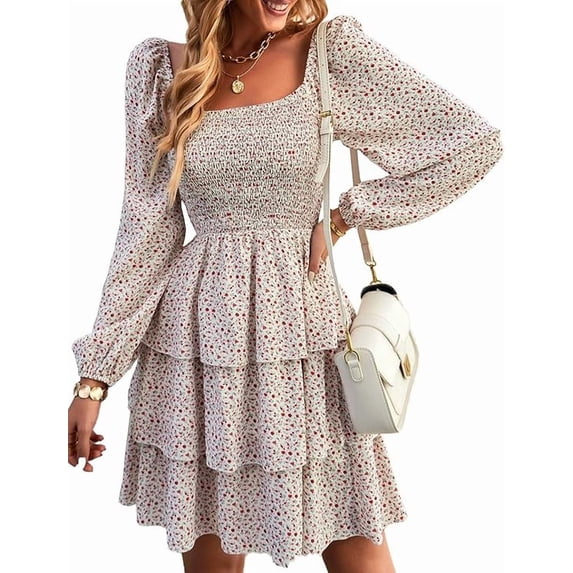 BTFBM Womens Long Sleeve Dress Summer Vacation Square Neck Smocked Floral Mini Boho Spring Wedding Guest Dresses