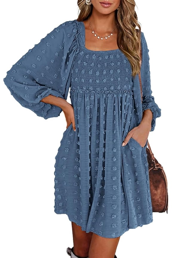 Womens Long Sleeve Dress Summer Vacation Square Neck Smocked Floral Mini Boho Spring Wedding Guest Dresses