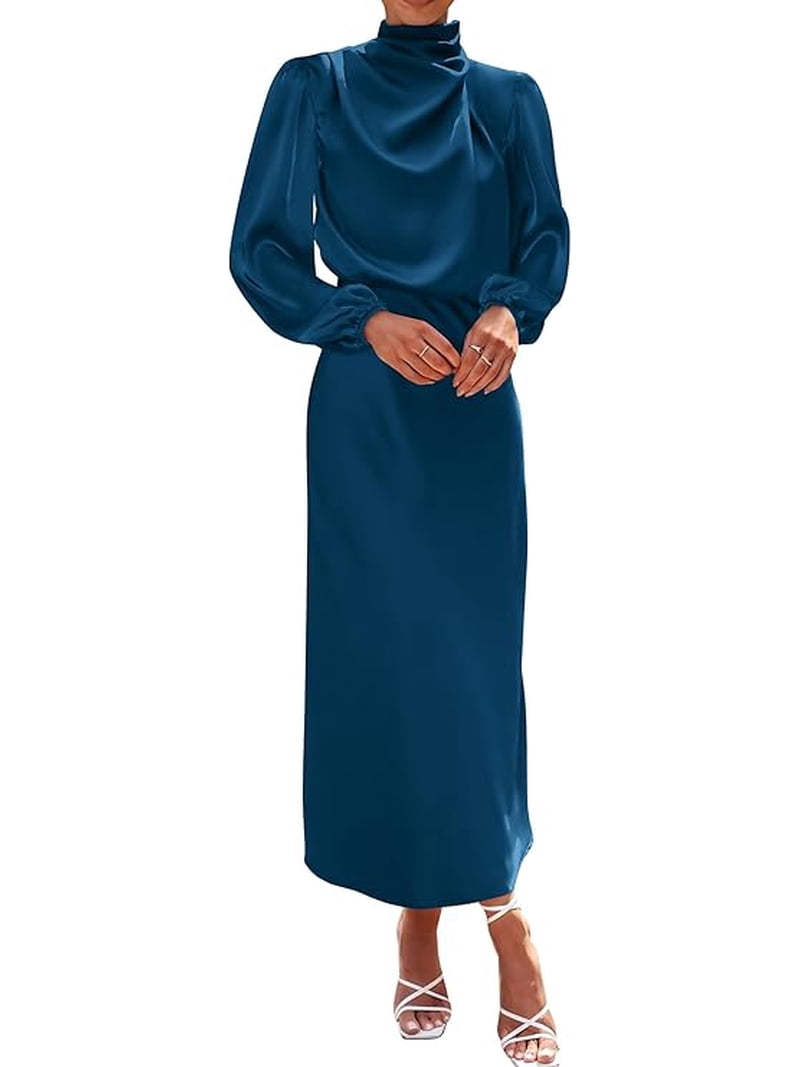 long sleeve summer cocktail dresses BTFBM Womens Mock Neck Satin Dress Spring Summer Long Sleeve Lightweight  Formal Wedding Party Maxi Cocktail Dresses