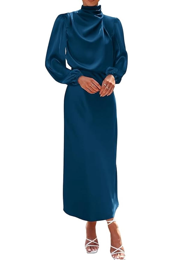 Womens Mock Neck Satin Dress Spring Summer Long Sleeve Lightweight Formal Wedding Party Maxi Cocktail Dresses