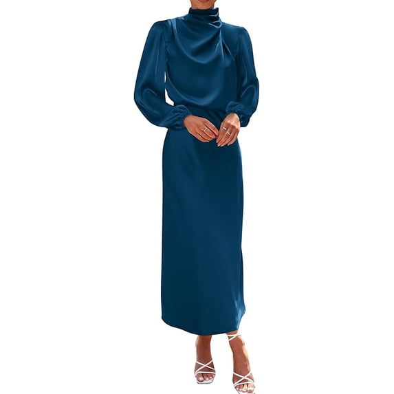 BTFBM Womens Mock Neck Satin Dress Spring Summer Long Sleeve Lightweight Formal Wedding Party Maxi Cocktail Dresses