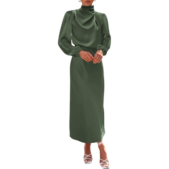 BTFBM Womens Mock Neck Satin Dress Spring Summer Long Sleeve Lightweight Formal Wedding Party Maxi Cocktail Dresses