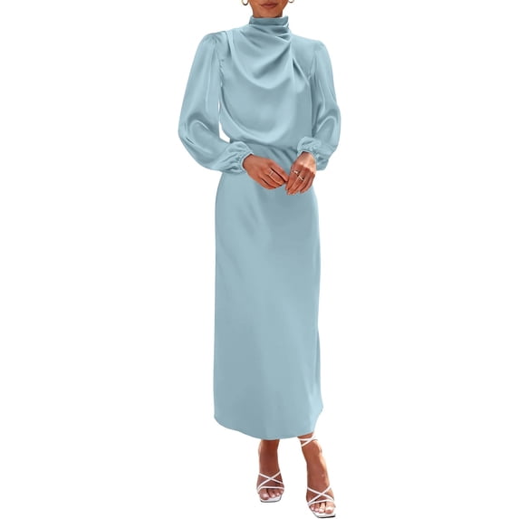 BTFBM Womens Mock Neck Satin Dress Spring Summer Long Sleeve Lightweight Formal Wedding Party Maxi Cocktail Dresses