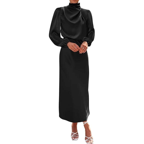 BTFBM Womens Mock Neck Satin Dress Spring Summer Long Sleeve Lightweight Formal Wedding Party Maxi Cocktail Dresses