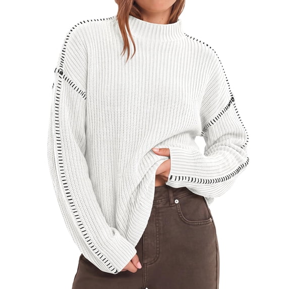 BTFBM Womens Oversized Sweaters Contrast Chunky Knit Sweater Loose Fit Mock Neck Long Sleeve Tops, Soft Cozy Knitwear, Fall Fashion, Casual Winter Clothing, Daily Going Out Outfits