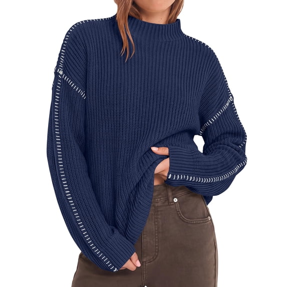 BTFBM Womens Oversized Sweaters Contrast Chunky Knit Sweater Loose Fit Mock Neck Long Sleeve Tops, Soft Cozy Knitwear, Fall Fashion, Casual Winter Clothing, Daily Going Out Outfits