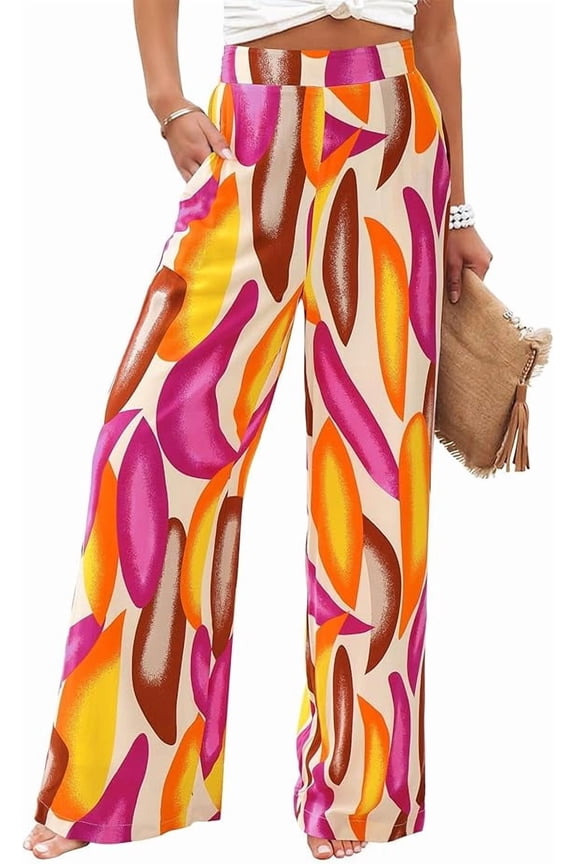 Womens Pants Pockets Boho Printed Elastic Waist Wide Leg Palazzo Pants for Women Work Beach Vacation Clothes
