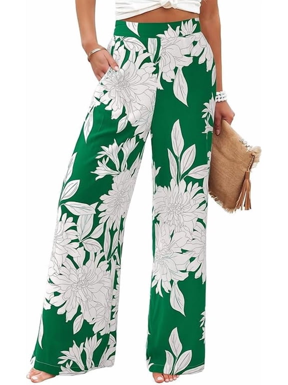 Womens Pants Pockets Boho Printed Elastic Waist Wide Leg Palazzo Pants for Women Work Beach Vacation Clothes