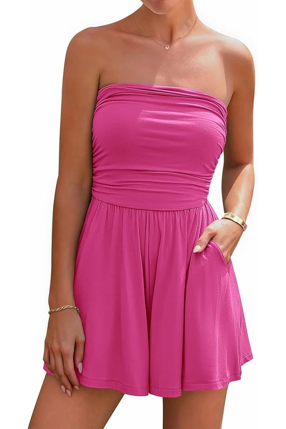 Womens Romper Spring Summer Strapless Tube Tops Beach Vacation Clothes Boho Loose Shorts Jumpsuits Pockets