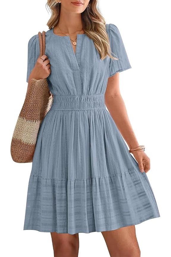 Womens Spring Casual Mini Dresses Lightweight Short Sleeve V Neck Elastic Waist Cute Boho Beach Dress Pockets