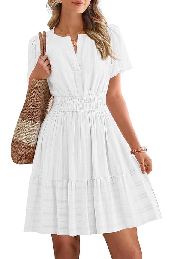 Womens Spring Casual Mini Dresses Lightweight Short Sleeve V Neck Elastic Waist Cute Boho Beach Dress Pockets