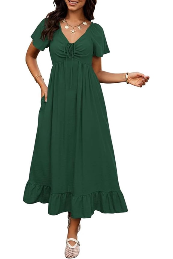 Womens Spring Dresses Casual Short Sleeve V Neck Drawstring Wedding Guest Maxi Dresses Boho Beach Long Dress