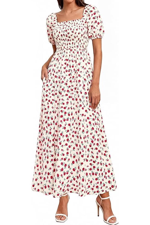 Womens Spring Summer Dresses Square Neck Puff Short Sleeve Smocked Floral Boho Beach Wedding Guest Maxi Dress