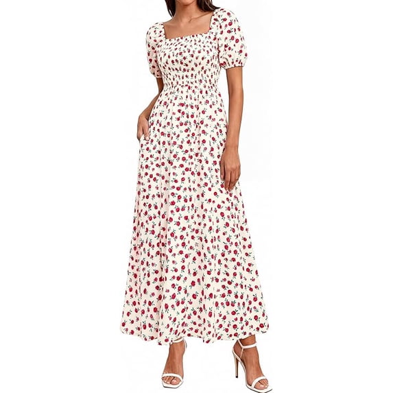 BTFBM Womens Spring Summer Dresses Square Neck Puff Short Sleeve Smocked Floral Boho Beach Wedding Guest Maxi Dress