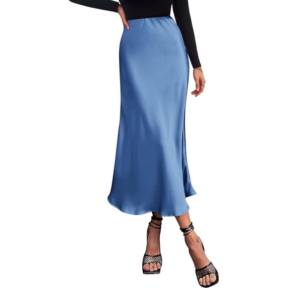 BTFBM Womens Spring Summer Long Satin Skirt Silk Elegant High Waist Cocktail Party Wedding Flowy A-Line Midi Skirts