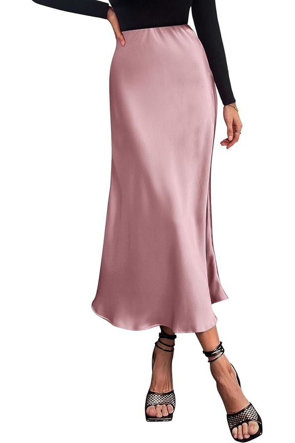 Womens Spring Summer Long Satin Skirt Silk Elegant High Waist Cocktail Party Wedding Flowy A-Line Midi Skirts