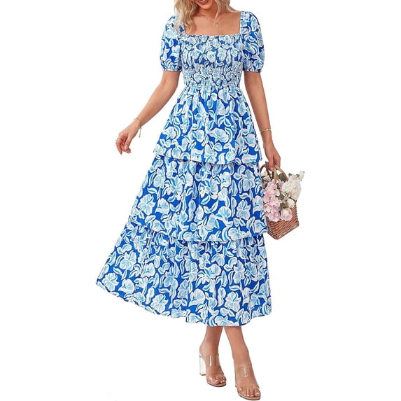 BTFBM Womens Square Neck Smocked Dress Summer Puff Short Sleeve Floral ...
