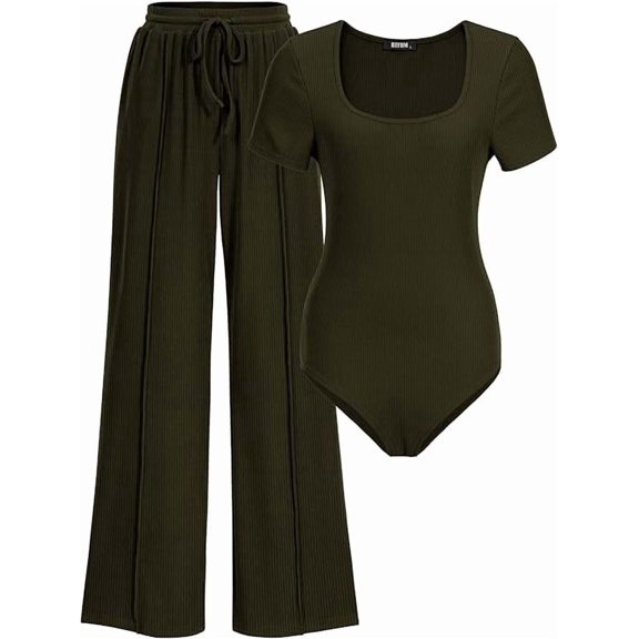 BTFBM Womens Summer 2 Piece Outfits Square Neck Short Sleeve Drawstring Pants Knit Spring Lounge Matching Sets