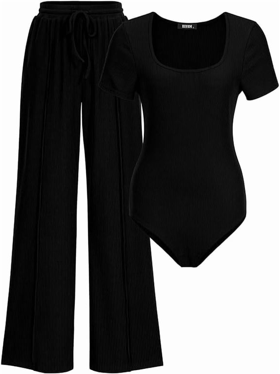 Womens Summer 2 Piece Outfits Square Neck Short Sleeve Drawstring Pants Knit Spring Lounge Matching Sets