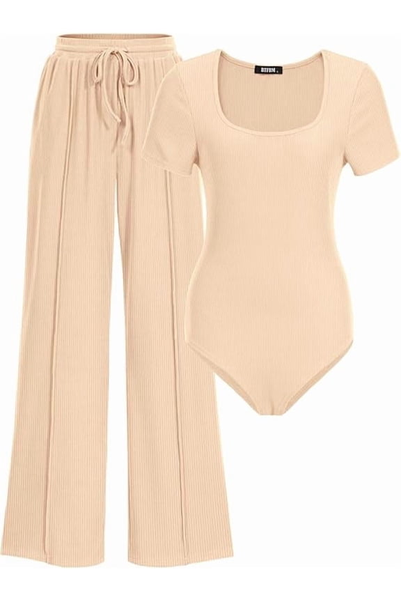 Womens Summer 2 Piece Outfits Square Neck Short Sleeve Drawstring Pants Knit Spring Lounge Matching Sets