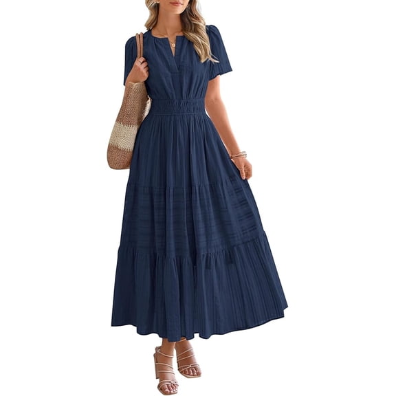 BTFBM Womens Summer Casual Midi Maxi Dresses Lightweight Short Sleeve V Neck Elastic Waist Boho Beach Dress Pockets
