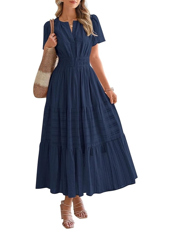 Womens Summer Casual Midi Maxi Dresses Lightweight Short Sleeve V Neck Elastic Waist Boho Beach Dress Pockets