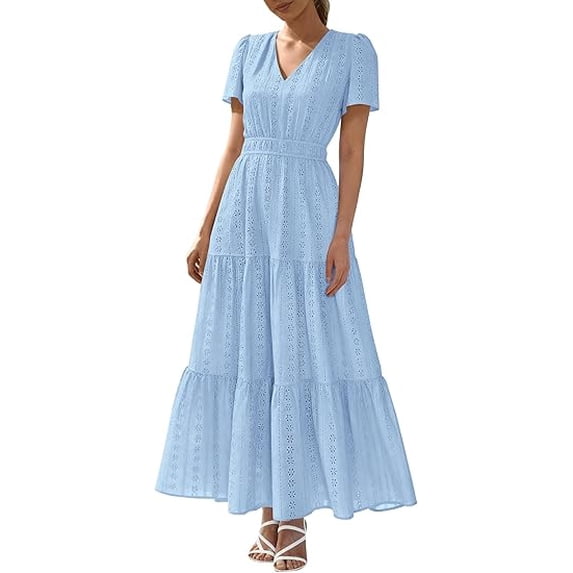 BTFBM Womens Summer Dresses V Neck Hollow Out Eyelet A Line Flowy Boho Beach Vacation Wedding Guest Maxi Dress