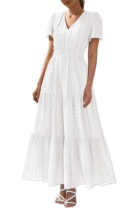 Womens Summer Dresses V Neck Hollow Out Eyelet A Line Flowy Boho Beach Vacation Wedding Guest Maxi Dress