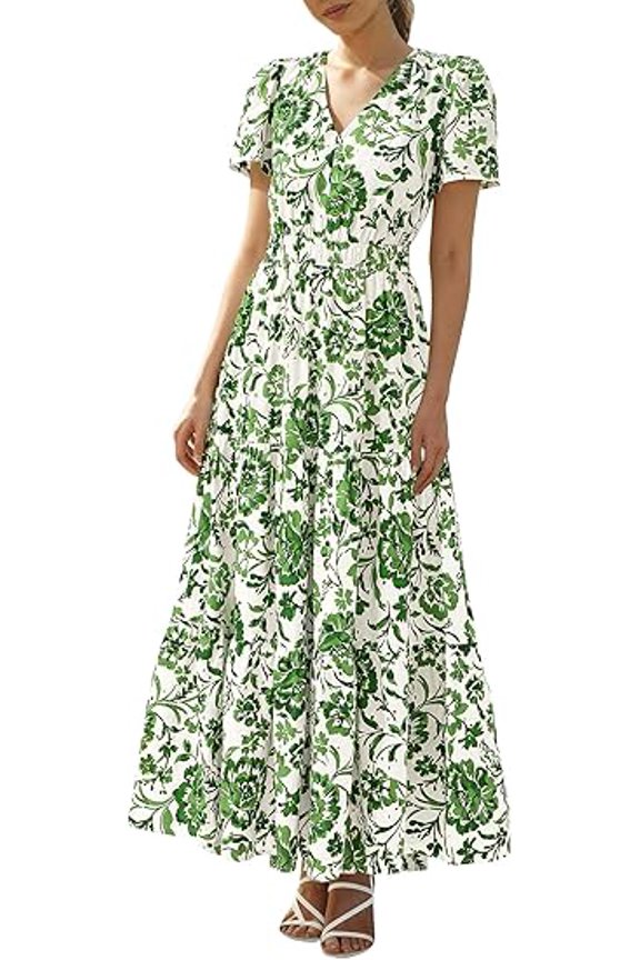 Womens Summer Dresses V Neck Hollow Out Eyelet A Line Flowy Boho Beach Vacation Wedding Guest Maxi Dress